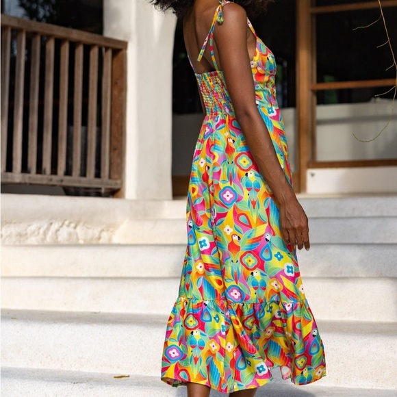 Kenny Flowers Dress Boho Caribbean Bird Print Silk‎ Midi Sz S - Picture 2 of 7